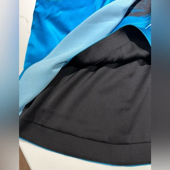 ST JOHN Brushstroke Stretch Silk Charmeuse Draped Cyan/Black Dress, Size 2 - Picture 12 of 16